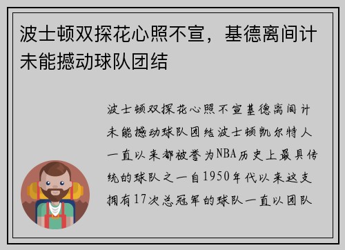 波士顿双探花心照不宣，基德离间计未能撼动球队团结