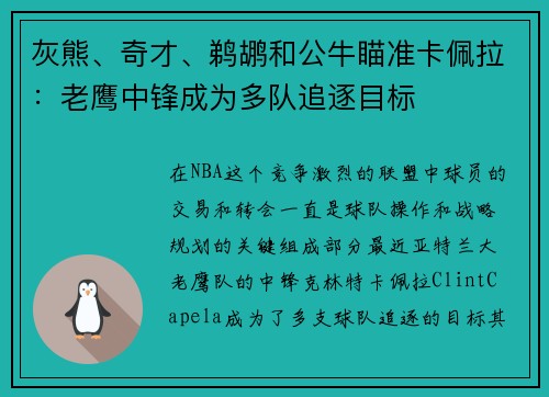 灰熊、奇才、鹈鹕和公牛瞄准卡佩拉：老鹰中锋成为多队追逐目标