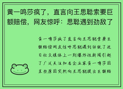 黄一鸣莎疯了，直言向王思聪索要巨额赔偿，网友惊呼：思聪遇到劲敌了！