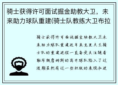 骑士获得许可面试掘金助教大卫，未来助力球队重建(骑士队教练大卫布拉切)