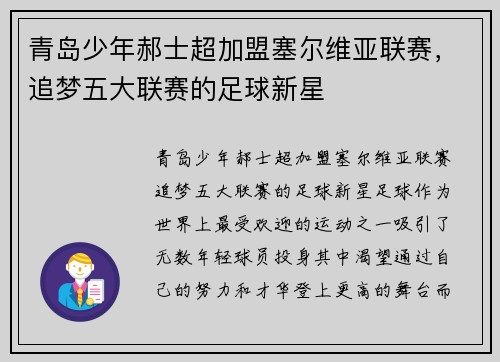 青岛少年郝士超加盟塞尔维亚联赛，追梦五大联赛的足球新星
