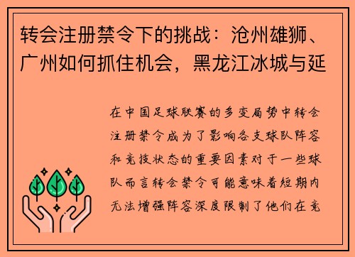转会注册禁令下的挑战：沧州雄狮、广州如何抓住机会，黑龙江冰城与延边龙鼎的反思之路