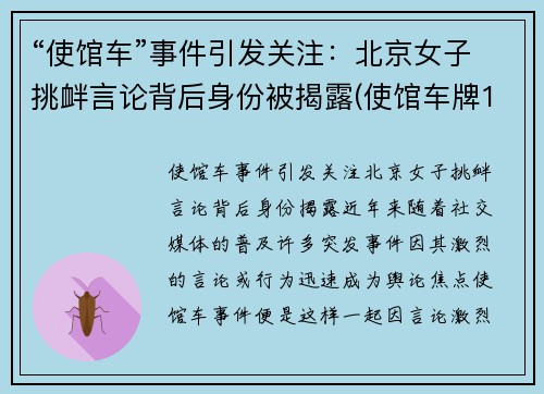 “使馆车”事件引发关注：北京女子挑衅言论背后身份被揭露(使馆车牌198)