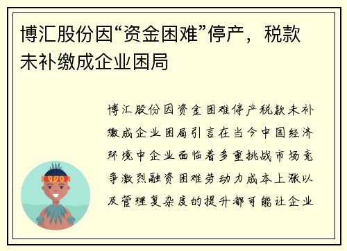 博汇股份因“资金困难”停产，税款未补缴成企业困局