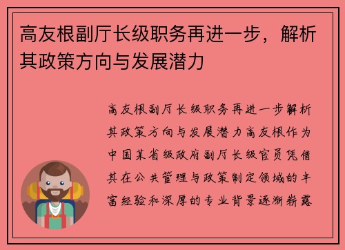 高友根副厅长级职务再进一步，解析其政策方向与发展潜力